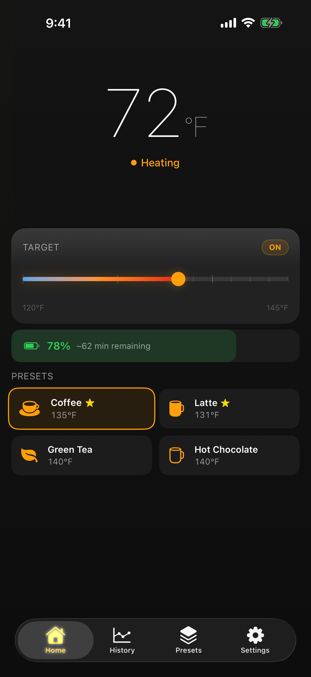 Thermia Home screen showing a mug heating from 72°F