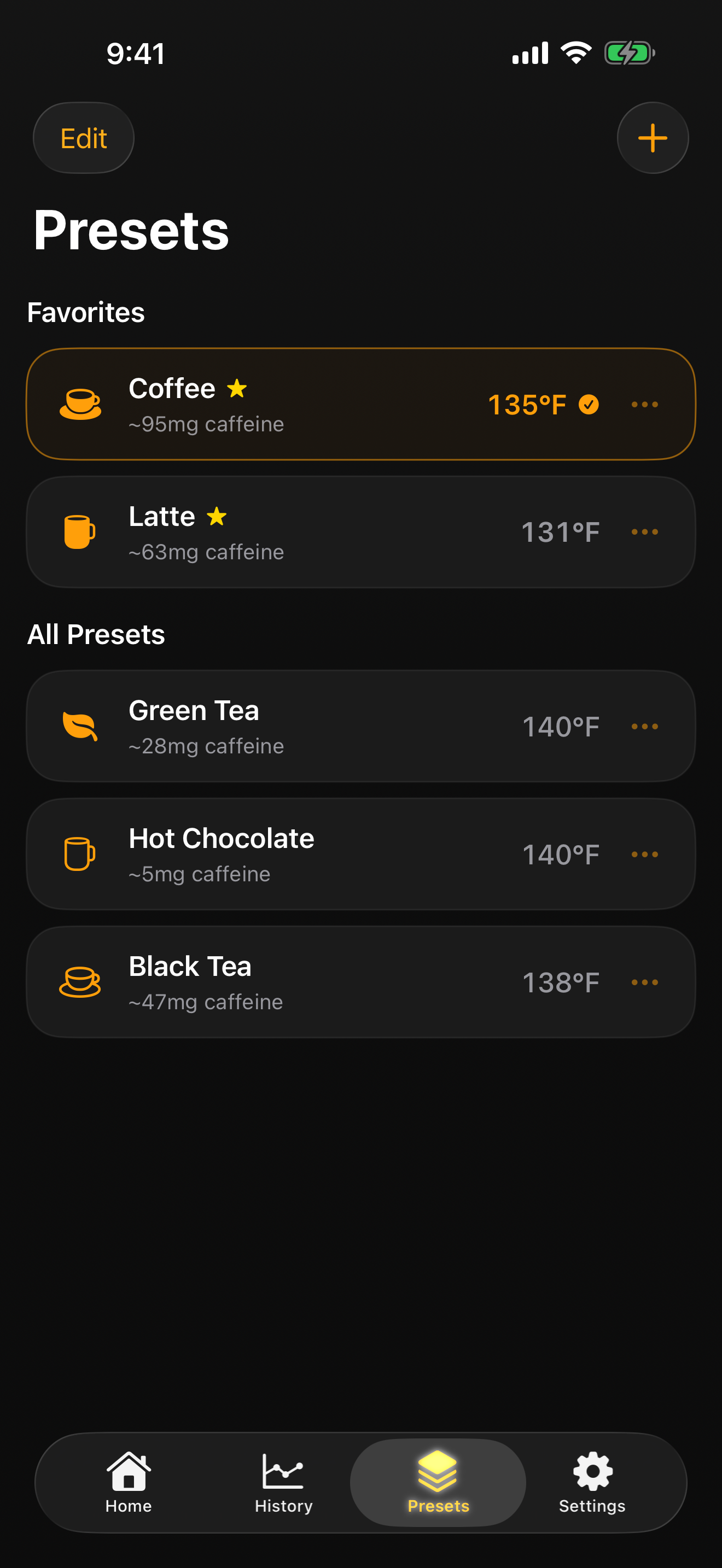 Thermia Presets screen