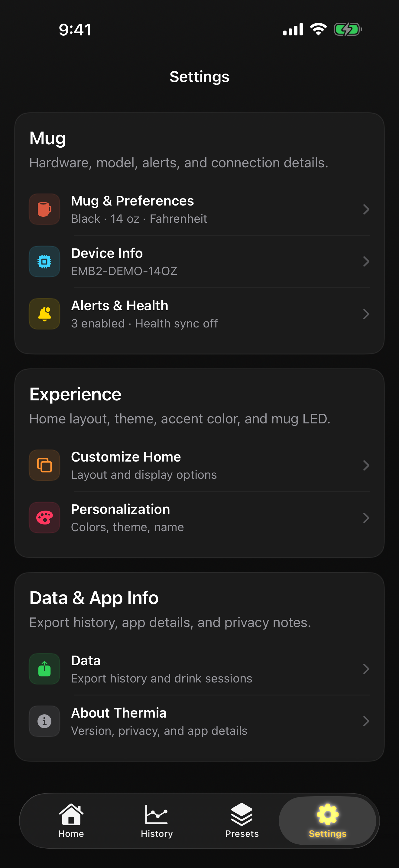 Thermia Settings screen
